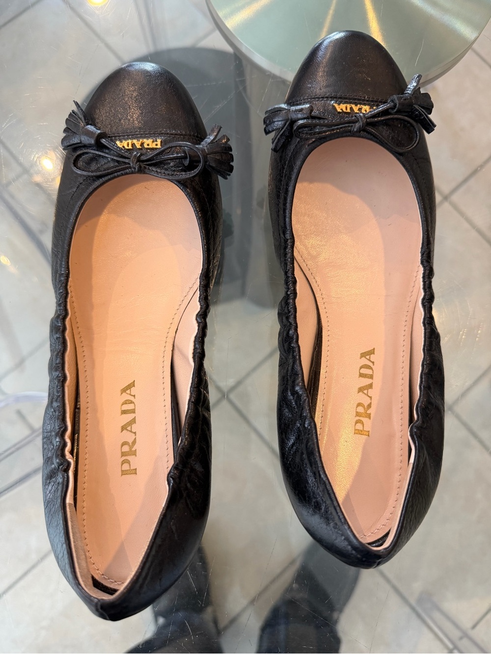 Prada Black Leather Bow Ballet Flats with Gold Logo